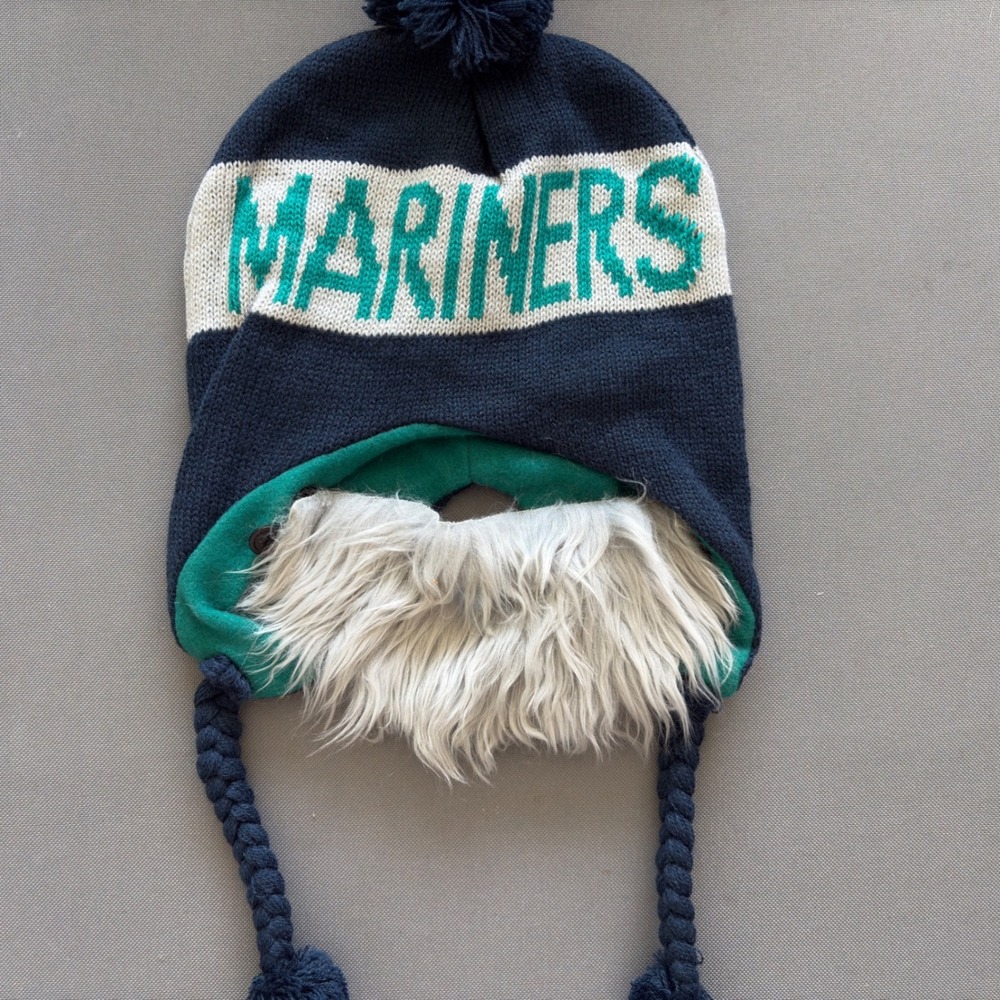 Seattle Mariners Knit Beanie Hat with Detachable Faux Fur Beard Navy Teal Pom